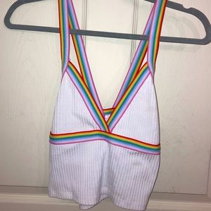 Rainbow pride strappy white crop top, crossover back straps size medium